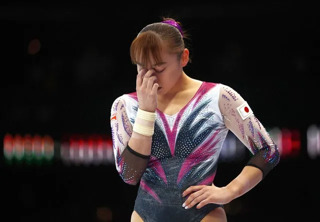 Japan's Shoko Miyata looks dejected after her routine on the floor during the women's team final at Sportpaleis in Antwerp, Belgium on October 4, 2023. (Photo by Yves Herman/Reuters)