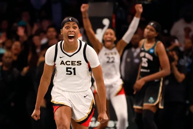 Sydney Colson #51 of the Las Vegas Aces reacts as time expires to defeat the New York Liberty during Game Four of the 2023 WNBA Finals at Barclays Center on October 18, 2023 in New York City. The Aces defeated the Liberty 70-69. (Photo by Sarah Stier/Getty Images)