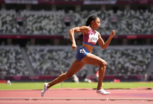Allyson Felix, of United States races in a women's 400-meter heat at the 2020 Summer Olympics, Tuesday, August 3, 2021, in Tokyo, Japan. (Photo by Martin Meissner/AP Photo)