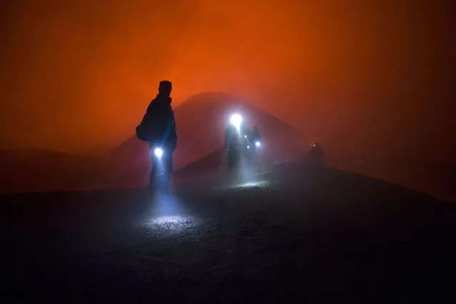 The team on route to the crater of the Plosky Tolbachik volcano. (Photo by Denis Budkov/Caters News)