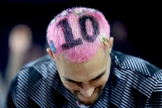 Dom Kelman-Potu of the New Zealand Breakers with the jersey number 10 for Tom Abercrombie painted in his hair during the round 20 NBL match between New Zealand Breakers and Brisbane Bullets at Spark Arena, on February 16, 2024, in Auckland, New Zealand. (Photo by Phil Walter/Getty Images)