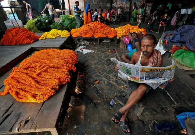 A man reads a newspaper next to marigold garlands, which are used to decorate temples and homes during the Hindu festival of Durga Puja, at a wholesale flower market in Kolkata, India October 6, 2016. (Photo by Rupak De Chowdhuri/Reuters)