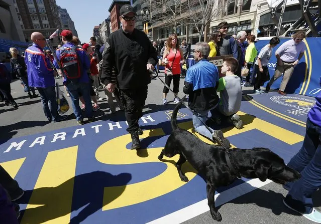A member of the Boston Police K9 unit patrols with a bomb-sniffing dog at the finish line of the Boston Marathon in Boston, Saturday, April 18, 2015. The 119th Boston Marathon will be run on Monday. (Photo by Michael Dwyer/AP Photo)