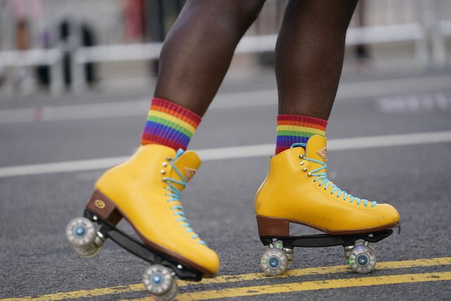 A person skates during the annual LGBTQ+ Capital Pride parade in Washington on June 8, 2024. (Photo by Nathan Howard/Reuters)