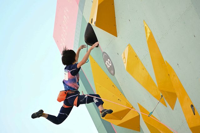 Japan's Ai Mori competes in the women's sport climbing lead semi-final during the Paris 2024 Olympic Games at Le Bourget Sport Climbing Venue in Le Bourget on August 8, 2024. (Photo by Fabrice Coffrini/AFP Photo)