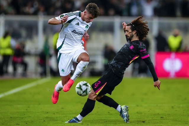 Panathinaikos' Georgios Vagiannidis, left, and Chelsea's Marc Cucurella vie for the ball during the Europa Conference League opening phase soccer match between Panathinaikos and Chelsea at the Olympic stadium in Athens, Greece, Thursday, October 24, 2024. (Photo by Thanassis Stavrakis/AP Photo)