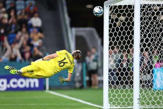 France's goalkeeper Pauline Peyraud-Magnin watches the ball head towards the net during the Women's World Cup Group F soccer match between Panama and France in Sydney, Australia, Wednesday, August 2, 2023. (Photo by Jessica Gratigny/AP Photo)