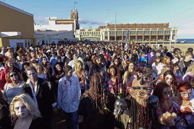 Revellers take part in a Zombie Walk in Asbury Park, New Jersey October 4, 2014. Thousands of revellers met in Asbury park to attempt to break the Guinness World Record of the largest zombie gathering in the world and raise awareness for brain cancer. (Photo by Eduardo Munoz/Reuters)