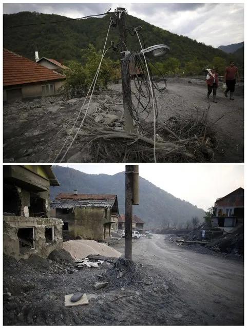 A combination photo shows people walking past a damaged electric pole during floods May 20, 2014 (top) and the same place after floods October 8, 2014 in Topcic Polje. (Photo by Dado Ruvic/Reuters)