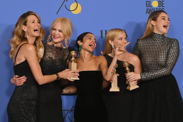 (L-R) Actors Laura Dern, Nicole Kidman, Zoe Kravitz, Reese Witherspoon and Shailene Woodley pose with the Best Television Limited Series or Motion Picture Made for Television award for “Big Little Lies” in the press room during The 75th Annual Golden Globe Awards at The Beverly Hilton Hotel on January 7, 2018 in Beverly Hills, California. (Photo by Kevin Winter/Getty Images)