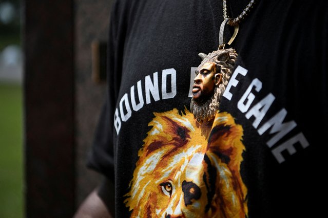Philonise Floyd, George Floyd's brother, wears a necklace depicting his brother's face during a memorial service for Floyd's family members to mark the 5th anniversary of his death, in Pearland, Texas, on May 25, 2025. (Photo by Callaghan O'Hare/Reuters)