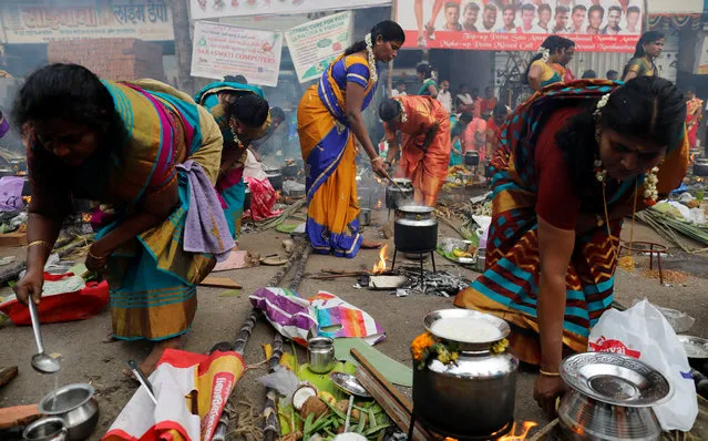 Devotees prepare rice dishes to offer to the Hindu Sun God as they attend Pongal celebrations early morning in Mumbai, January 14, 2018. (Photo by Danish Siddiqui/Reuters)