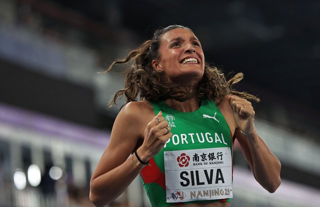 Patricia Silva of Portugal celebrates finishing third in the Women's 800m at the World Athletics Indoor Championships in Nanjing, China, 23 March 2025. (Photo by Andres Martinez Casares/EPA)