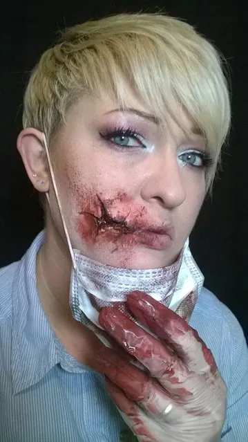 Nikki Shelley  as a wounded nurse. (Photo by Nikki Shelley/Caters News)