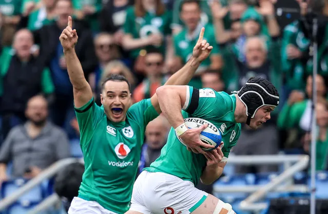 Ireland’s James Lowe celebrates as Ireland score their first try against Italy in the 2023 Guinness Six Nations Championship at Stadio Olimpico in Rome on February 25, 2023. (Photo by Dan Sheridan/Inpho)