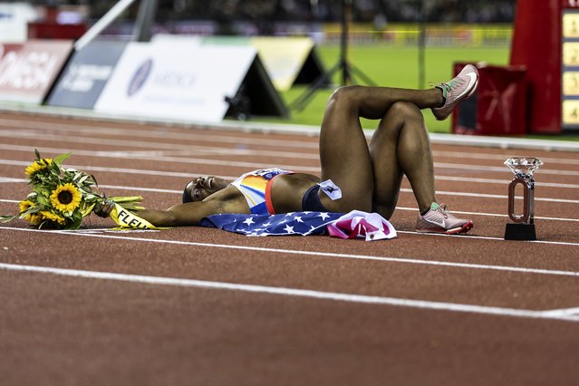 Brittany Brown of the US celebrates winning after the women's 200m competition during the World Athletics Diamond League final 2025 athletics meeting in Zurich, Switzerland, Thursday, August 28, 2025. (Photo by Michael Buholzer/Keystone via AP Photo)
