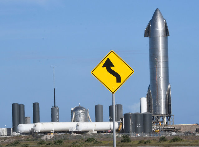 SpaceX crews prep the Starship SN8 for its second test engine firing in Boca Chica, TX. on Wednesday, November 11, 2020. SpaceX will try Thursday with 2 engines to be the first ever static fire test to use the LOX header tank. (Photo by Gene Blevins/ZUMA Wire/Rex Features/Shutterstock)