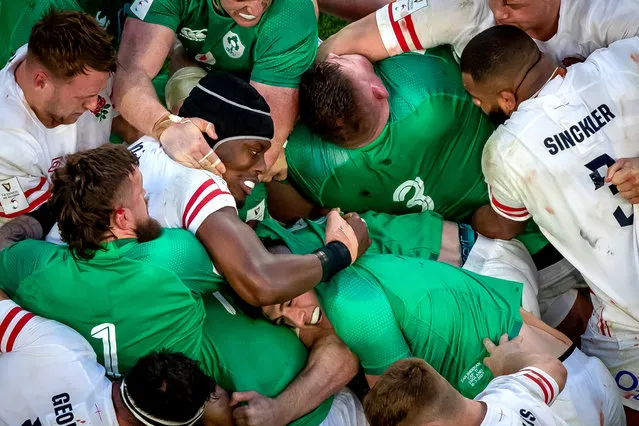 England’s Maro Itoje surrounded by the Ireland team in a maul during the Guinness Six Nations Championship Round 5 game against Ireland at the Aviva Stadium in Dublin on March 18, 2023. (Photo by Morgan Treacy/Inpho)