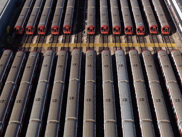 Tube trains are stacked at Upminster rail depot on September 08, 2025 in Upminster, England. London Underground workers have begun a strike that impacts most of the network, with limited or no services running on the Tube and DLR between Sunday and Friday. Members of the Rail, Maritime and Transport union (RMT) voted to strike after failed negotiations with Transport for London (TfL) over pay and working conditions. (Photo by Dan Kitwood/Getty Images)