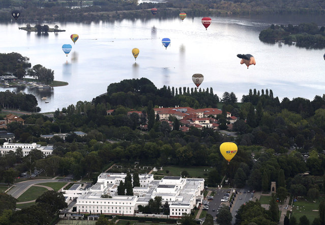 Hot air balloons float over Lake Burley Griffin during the Balloon Spectacular in Canberra, Australia, Saturday, March 8, 2014. (Photo by Rob Griffith/AP Photo)