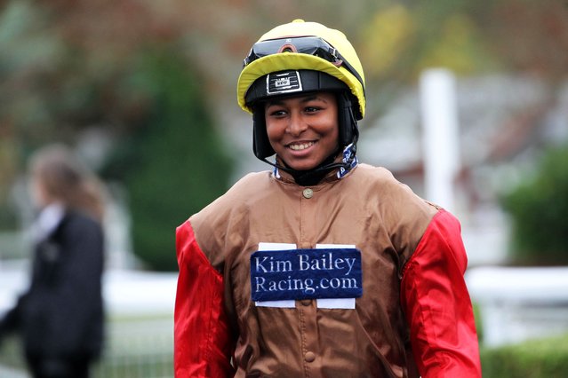 The jockey Aamilah Aswat took her first ride at Kempton Park in Surrey on Monday, November 10, 2025, becoming the first black British female jump jockey to ride in Britain. She finished fifth out of ten on her horse, Guchen. (Photo by Steve Davies)