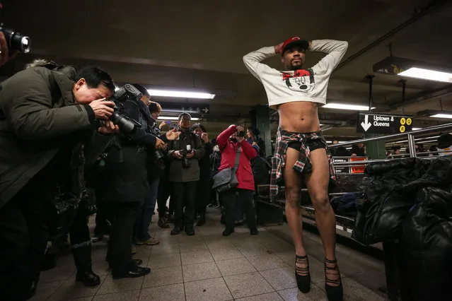 A participant in his underwear takes part in the No Pants Subway Ride in New York subway on January 11, 2015 in New York. (Photo by Cem Ozdel/Anadolu Agency/Getty Images)