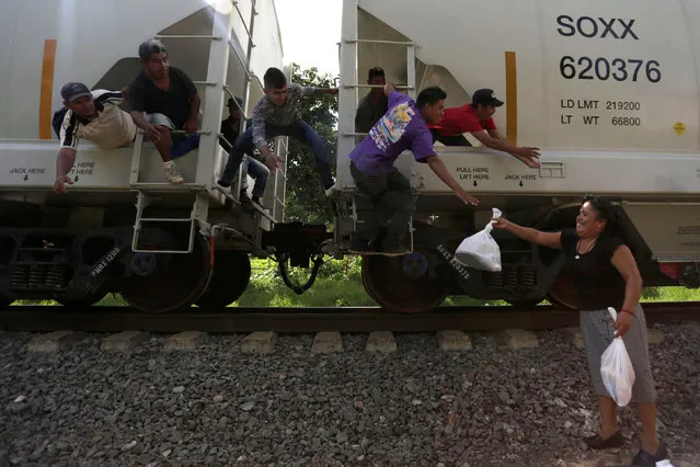 A woman from a group called “Las Patronas” (The bosses), a charitable organization that feeds Central American immigrants who travel atop a freight train known as “La Bestia”, passes food and water to immigrants on their way to the border with the United States, at Amatlan de los Reyes, in Veracruz state, Mexico October 22, 2016. (Photo by Daniel Becerril/Reuters)