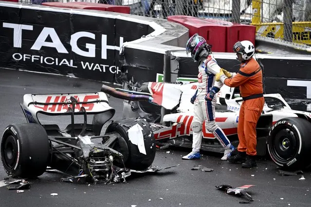 German Formula One driver Mick Schumacher of Haas F1 Team reacts next to his car after crashing out during the Formula One Grand Prix of Monaco at the Circuit de Monaco in Monte Carlo, Monaco, 29 May 2022. (Photo by Christian Bruna/EPA/EFE)