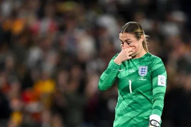 Mary Earps of England dejected after loosing the FIFA Women's World Cup 2023 Final soccer match between Spain and England at Stadium Australia in Sydney on Sunday, August 20, 2023. (Photo by Dean Lewins/AAP Image)