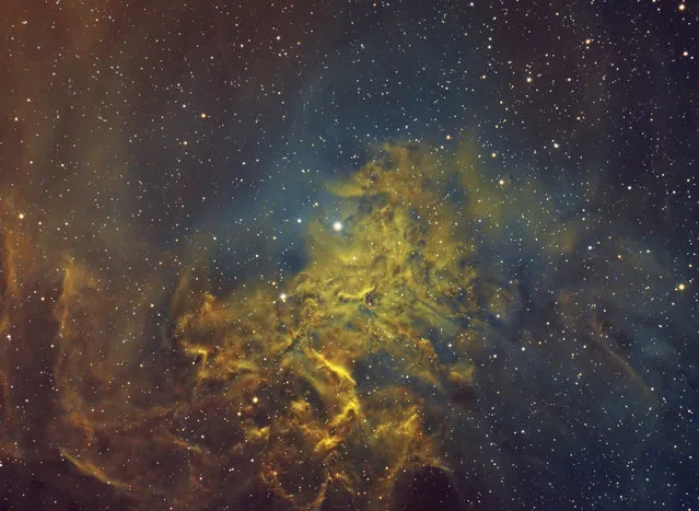 IC405 also known as the Flaming Star Nebula, SH 2-229,  is an emission/reflection nebula in the constellation Auriga, surrounding the bluish star AE Aurigae. It shines at magnitude +6.0. Its celestial coordinates are RA 05h 16.2m dec +34° 28′. It surrounds the irregular variable star AE Aurigae and is located near the emission nebula IC 410. The nebula measures approximately 37.0′ x 19.0′, and lies about 1,500 light-years from Earth.  The nebula is about 5 light-years across. (Bill Snyder)