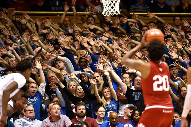 Cameron Crazies and fans of the Duke Blue Devils try to distract De'Ron Davis #20 of the Indiana Hoosiers at Cameron Indoor Stadium on November 27, 2018 in Durham, North Carolina. (Photo by Lance King/Getty Images)