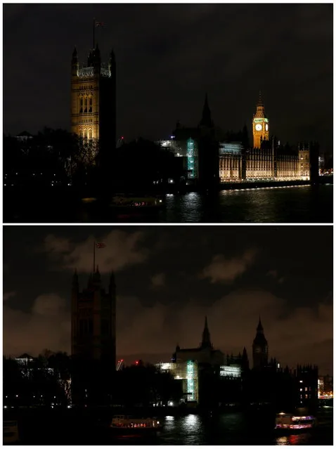 A combination picture shows Big Ben and the Houses of Parliament before and during Earth Hour in central London March 28, 2015. (Photo by Stefan Wermuth/Reuters)