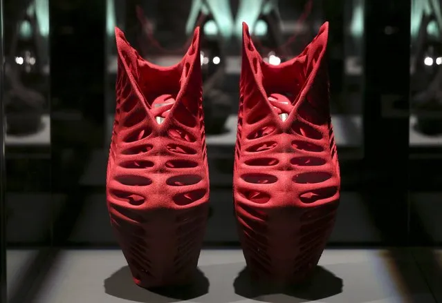 Mexican architect Fernando Romero's 3D printed shoes are seen during the Milan Design Week, April 16, 2015. (Photo by Stefano Rellandini/Reuters)