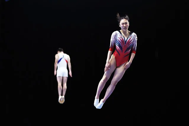 Hikaru Mori of Japan competes in the Women's Trampoline qualification on day three of the 37th FIG Trampoline Gymnastics World Championships at Utilita Arena on November 11, 2023 in Birmingham, England. (Photo by Naomi Baker/Getty Images)