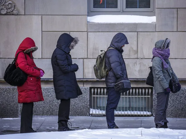 People bundled up in their hooded jackets wait for a a bus in subzero temperatures along 2nd Street Southwest Tuesday, January 29, 2019, in downtown Rochester, Minn. (Photo by Joe Ahlquist/The Rochester Post-Bulletin via AP)