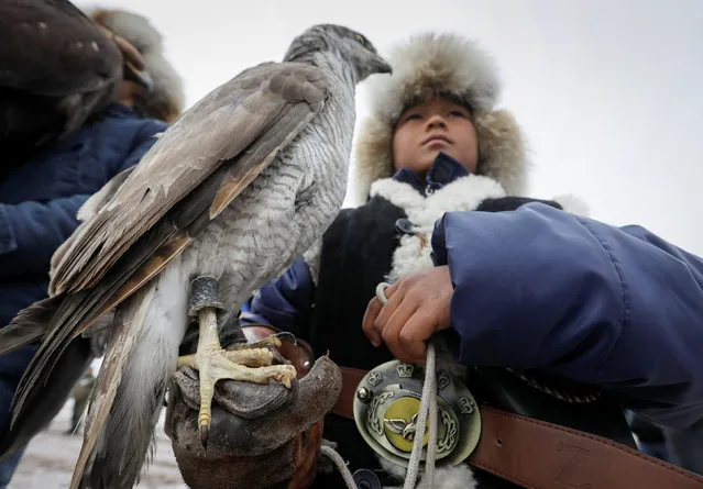 A young hunter holds his tamed hawk during a parade prior an annual hunting contest in Chengelsy Gorge east of Almaty, Kazakhstan February 11, 2017. (Photo by Shamil Zhumatov/Reuters)
