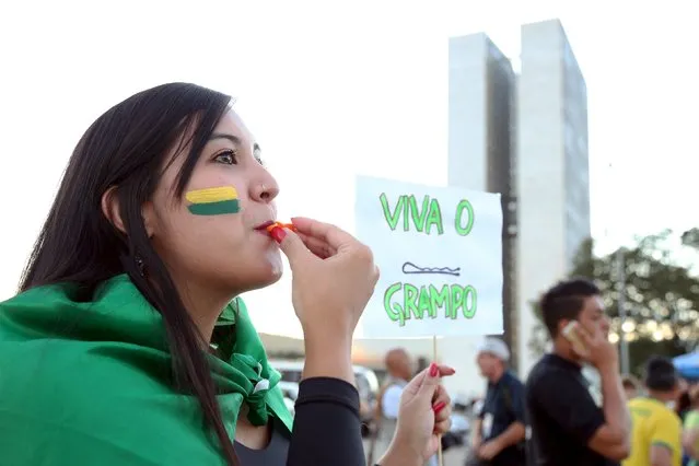 Anti-government demonstrators attend a protest against Brazil's President Dilma Rousseff, and Luiz Inacio Lula da Silva's appointment as a minister, in front of the Planalto Palace in Brasilia, Brazil, March 21, 2016. The banner reads ”Cheers the telephone tapping”. (Photo by Gregg Newton/Reuters)