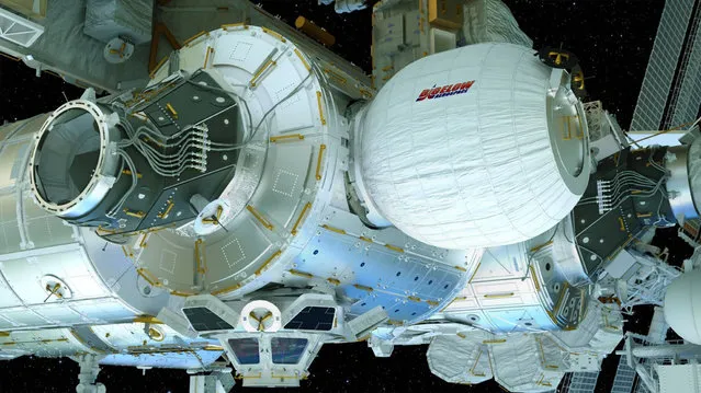 This image provided by Bigelow Aerospace on April 6, 2016 shows an illustration of the Bigelow Expandable Activity Module (BEAM), center right, attached to the International Space Station. It's a technology demonstration meant to pave the way for moon bases and Mars expeditions, as well as orbiting outposts catering to scientists and tourists. (Photo by Bigelow Aerospace via AP Photo)