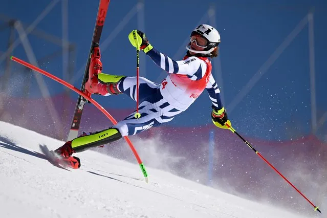 Czech Republic's Jan Zabystran competes in the first run of the men's slalom during the Beijing 2022 Winter Olympic Games at the Yanqing National Alpine Skiing Centre in Yanqing on February 16, 2022. (Photo by Fabrice Coffrini/AFP Photo)