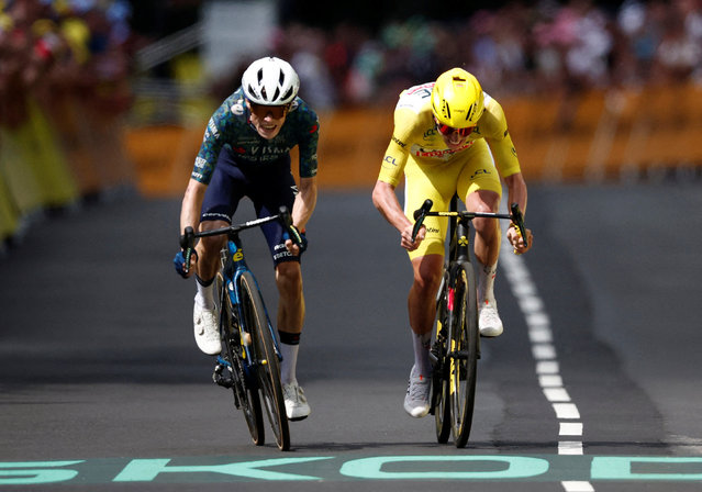 Team Visma | Lease a Bike's Jonas Vingegaard in action before winning stage 11 alongside second place UAE Team Emirates' Tadej Pogacar at the Tour de France on July 10, 2024. (Photo by Stephane Mahe/Reuters)