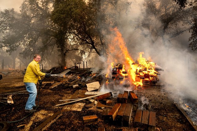 Shane Lawson, an off-duty firefighter, works to extinguish flames from the Grubbs Fire in the Palermo community of Butte County, Calif., on Wednesday, July 3, 2024. (Photo by Noah Berger/AP Photo)