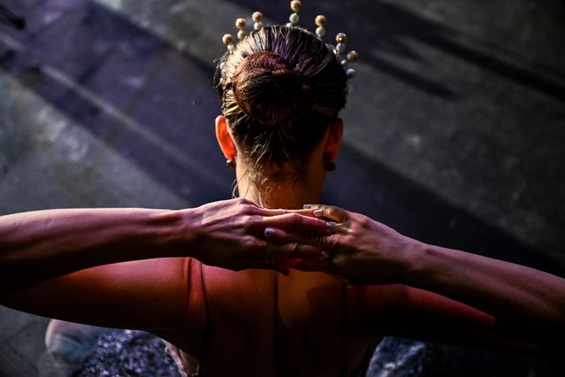 Natalie Alvarez of US, stretches at the back stage before her performance during International Ballet Festival of Miami at The Fillmore Theater in Miami Beach, Florida on August 10, 2024. (Photo by Chandan Khanna/AFP Photo)