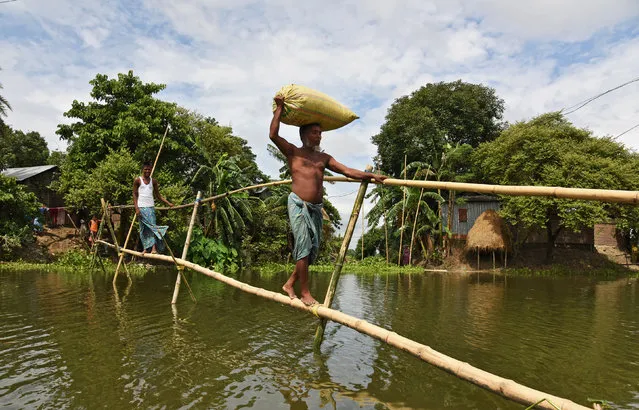 Villagers use a makeshift bamboo bridge to move across flooded areas of Morigaon district in Assam, July 2, 2017. (Photo by Anuwar Hazarika/Reuters)