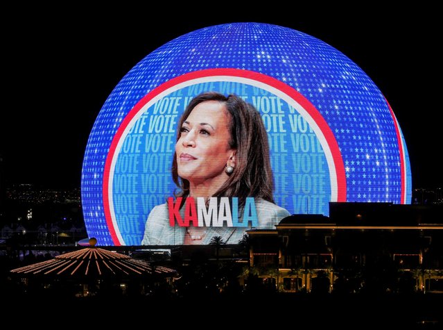 An advertisement for Democratic presidential nominee and U.S. Vice President Kamala Harris and her running mate, Minnesota Gov. Tim Walz, is displayed on the 580,000-square-foot Exosphere at Sphere, the first political campaign to do so, on October 30, 2024 in Las Vegas, Nevada. The ad is running ahead of Harris' visit to Southern Nevada on October 31. (Photo by Ethan Miller/Getty Images)