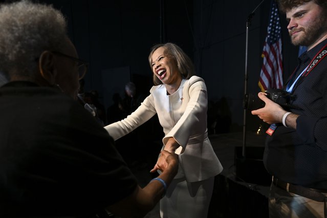 Democratic Delaware Senate candidate state Rep. Lisa Blunt Rochester shakes hands with supporters during an election night watch party Tuesday, November 5, 2024, in Wilmington, Del. (Photo by Gail Burton/AP Photo)