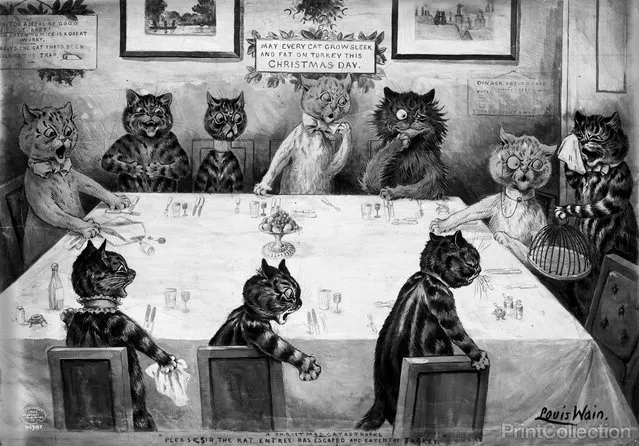 A Christmas catastrophe: please, sir, the rat entree has escaped and eaten the turkey. Drawing created by Louis Wain in 1906. Photographed by the Detroit Publishing Company in 1906.