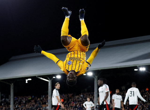 Carlos Baleba of Brighton & Hove Albion F.C. celebrates after scoring the first goal during the Premier League match between Fulham FC and Brighton & Hove Albion FC at Craven Cottage on December 5, 2024 in London, England. (Photo by Peter Cziborra/Reuters)
