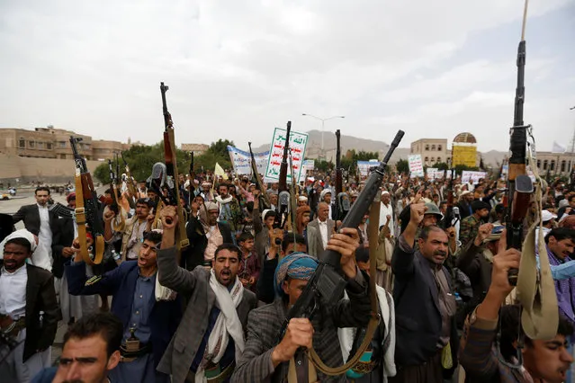 Houthi followers shout slogans during a demonstration against Saudi-led airstrikes in Sanaa, Yemen July 18, 2016. (Photo by Khaled Abdullah/Reuters)