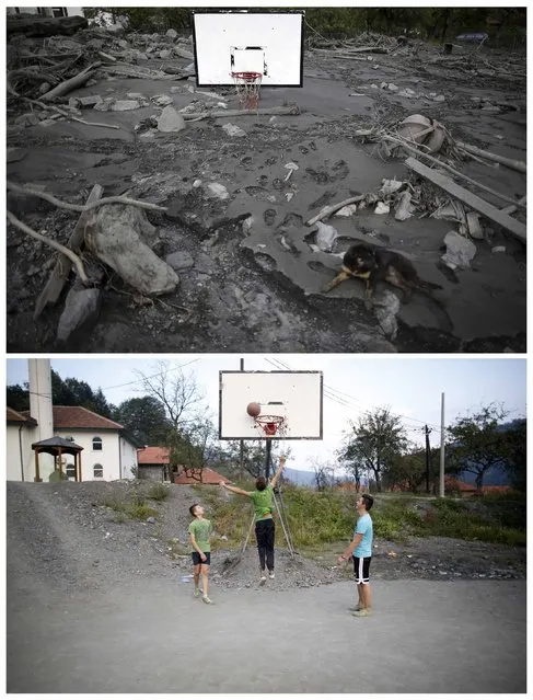 A combination photo shows a dog sits on a flood-damaged basketball court during floods May 20, 2014 (top) and the same place after floods October 8, 2014 in Topcic Polje. (Photo by Dado Ruvic/Reuters)