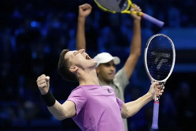 Britain's Joe Salisbury and United States' Rajeev Ram, right, celebrate after defeating Croatia's Nikola Mektic and Mate Pavic in their doubles final tennis match of the ATP World Tour Finals at the Pala Alpitour, in Turin, Italy, Sunday, November 20, 2022. (Photo by Antonio Calanni/AP Photo)